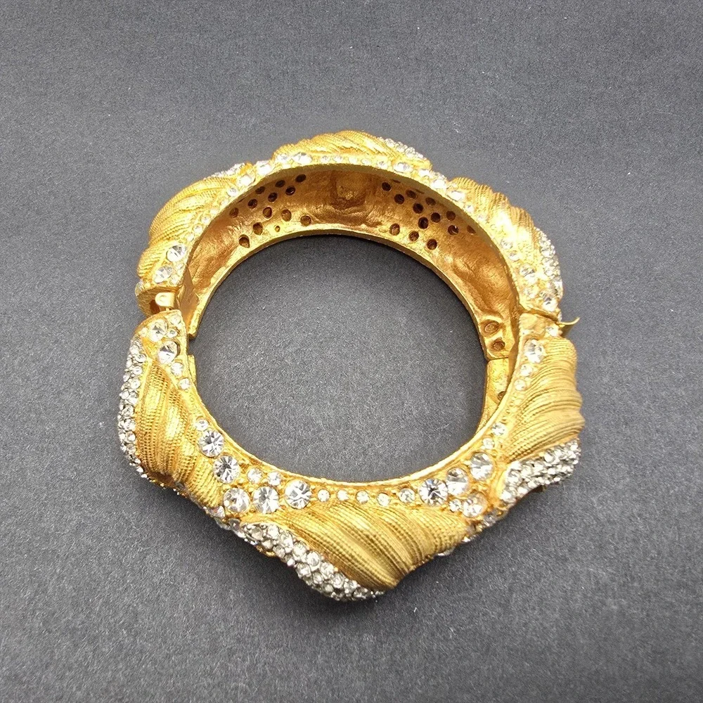 Vintage Cadoro Textured Gold Tone Wide Metal Bangle Bracelet Rhinestone Hinged